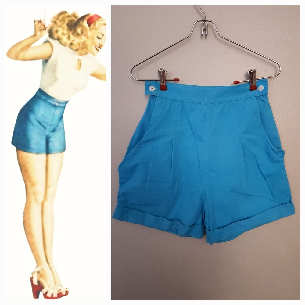 Vintage 1930s Blue Cotton High Rise Adjustable Shorts